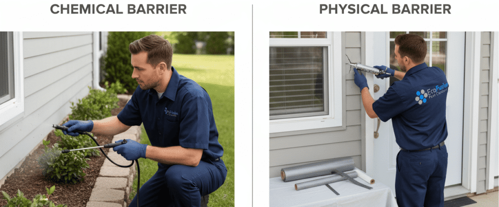 Split-screen image showing an EcoFusion exterminator applying a chemical barrier along a home’s foundation on the left and another technician installing a physical pest barrier by sealing cracks on the right