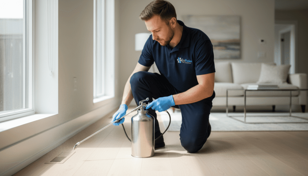 EcoFusion exterminator applying eco-friendly spray along a baseboard with a stainless steel sprayer inside a modern home.