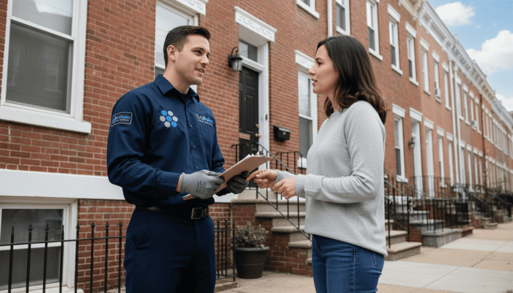 EcoFusion exterminator speaking with a homeowner outside a Philadelphia townhouse while holding a clipboard.