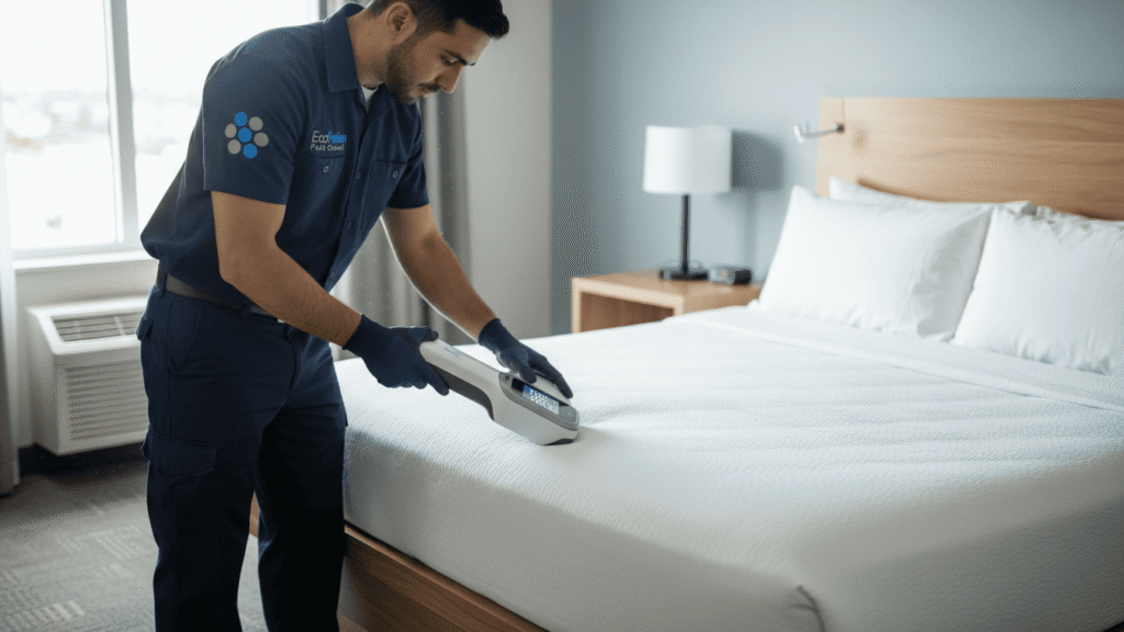 EcoFusion exterminator in uniform scanning a hotel room mattress with a handheld bed bug detection device.
