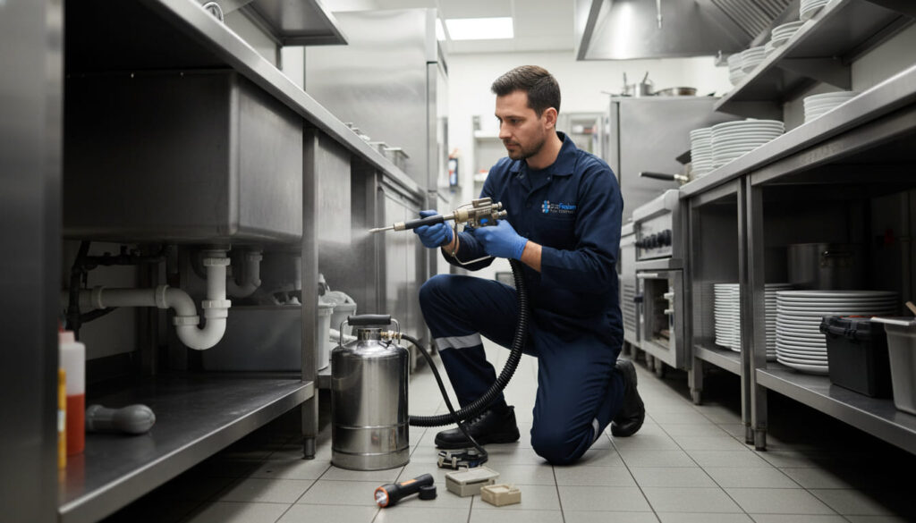 EcoFusion exterminator applying pest treatment in a restaurant kitchen with stainless steel surfaces.