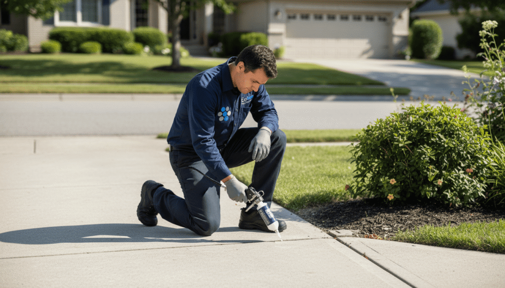 EcoFusion exterminator applying low-toxicity bait along a sidewalk to control pavement ants.