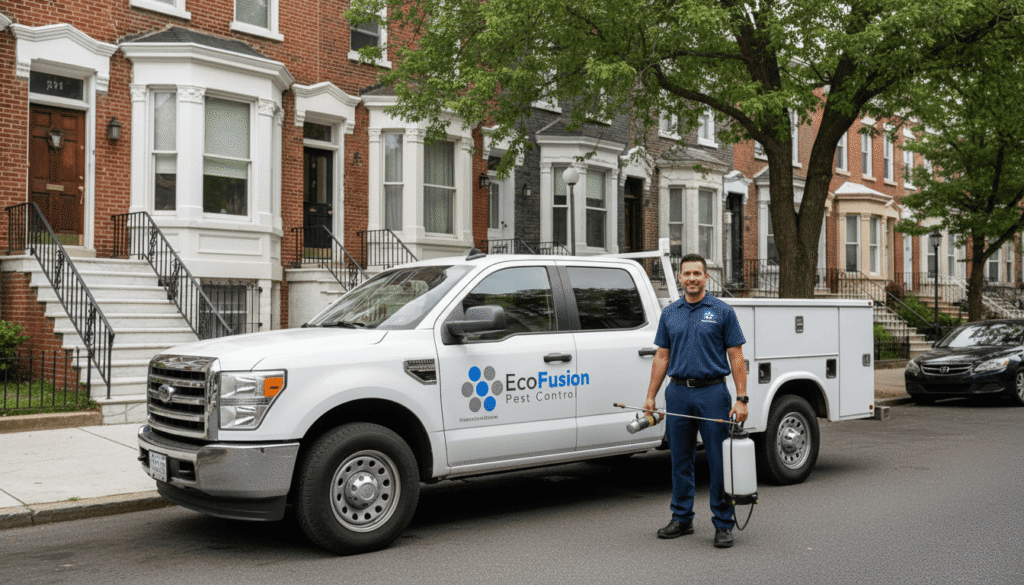EcoFusion Pest Control service truck parked on a Philadelphia neighborhood street with a uniformed exterminator standing beside it holding equipment.
