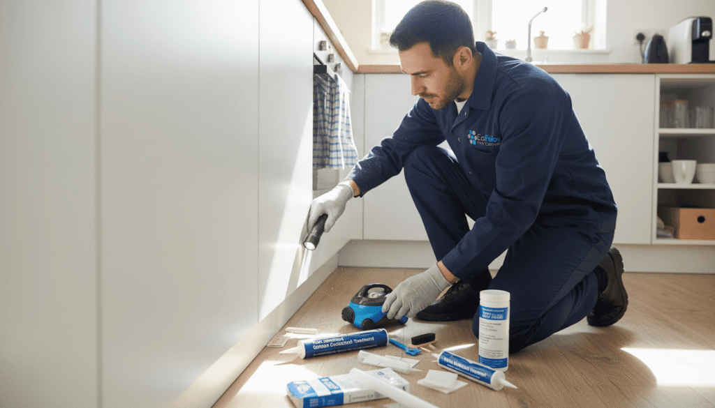 EcoFusion exterminator placing sticky traps and inspecting cracks for eco-friendly German cockroach control in a home or office.