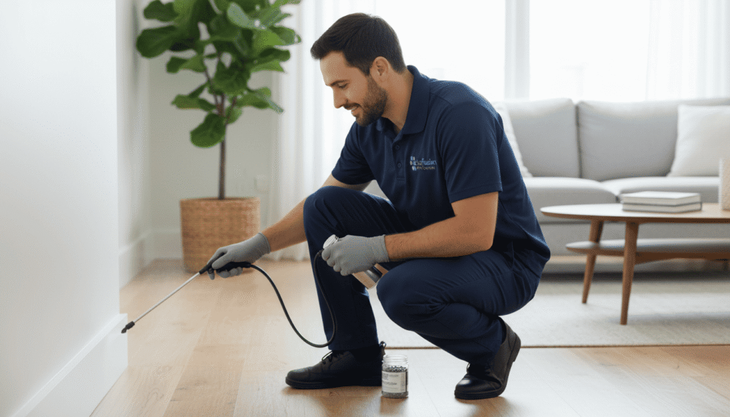 EcoFusion exterminator in dark blue uniform applying targeted pest treatment along baseboards inside a modern home