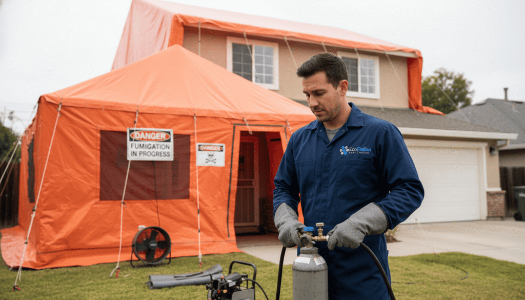 EcoFusion exterminator in dark blue uniform preparing for full-property fumigation near a sealed home with tent materials and warning signs