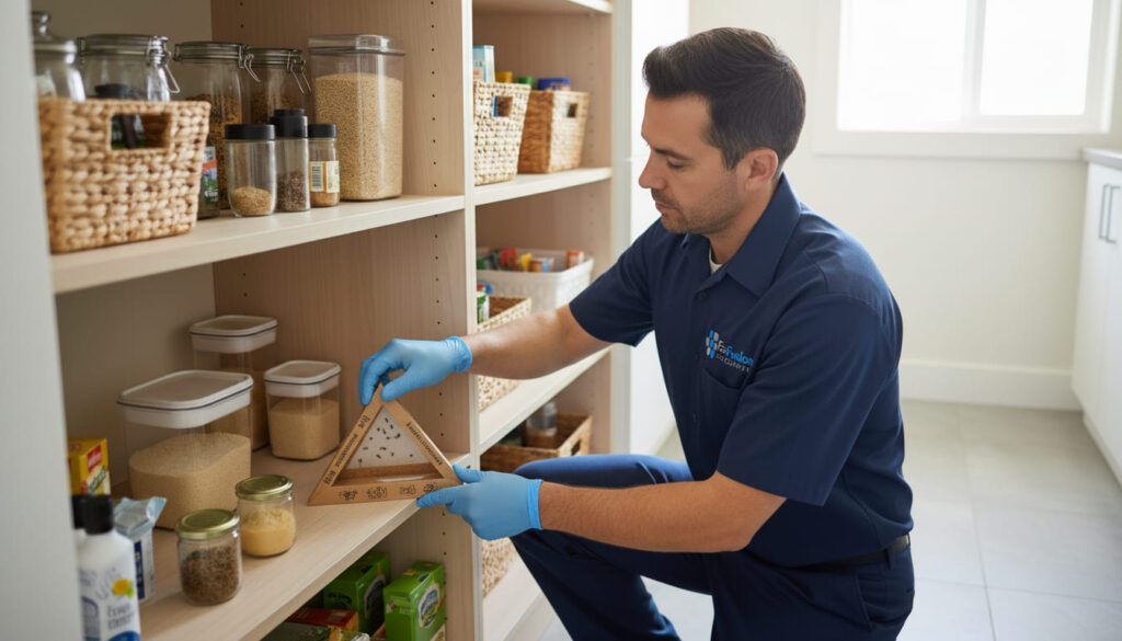 Professional EcoFusion Pest Control exterminator placing a sticky pheromone trap inside a modern kitchen pantry