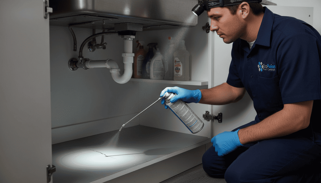 EcoFusion pest control specialist spraying treatment under a kitchen sink while wearing gloves and a uniform.