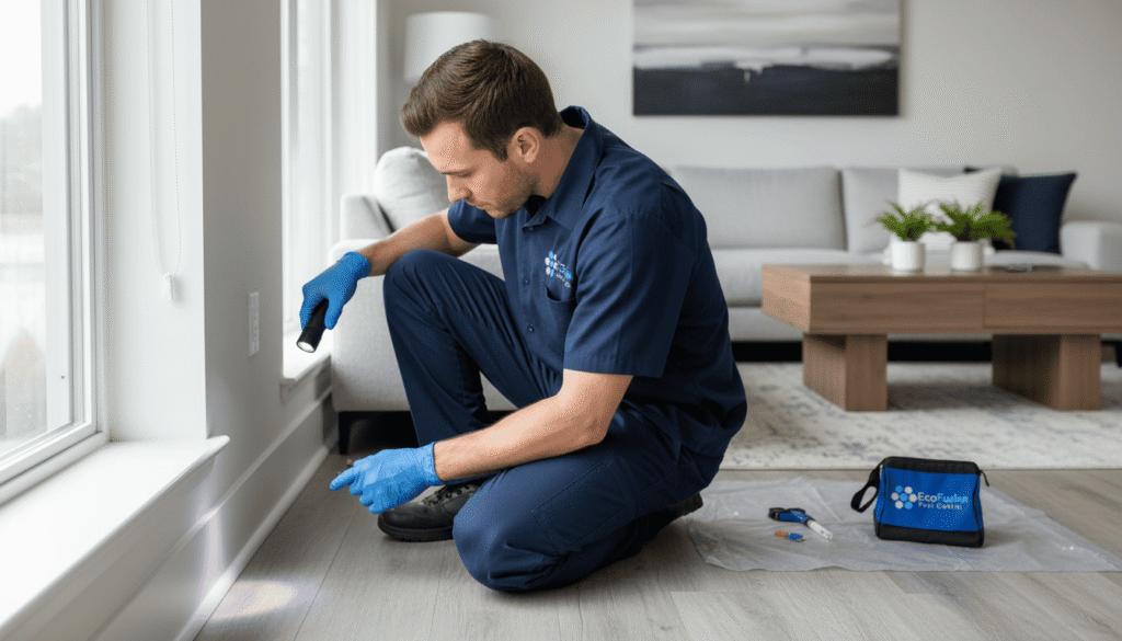 EcoFusion exterminator inspecting baseboards in a modern living room while wearing gloves.