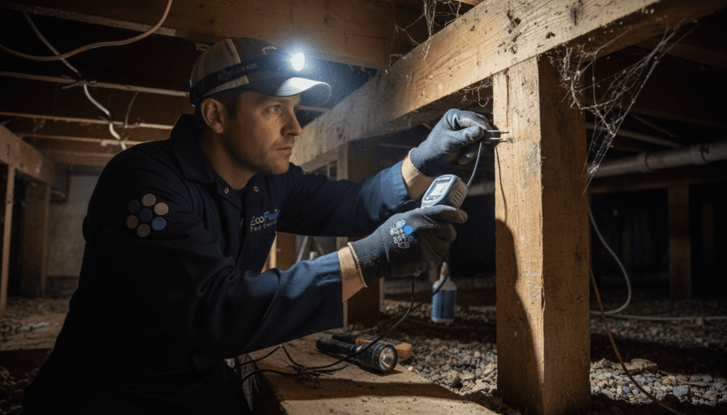 EcoFusion exterminator examining wooden beams in a crawl space with a moisture meter.
