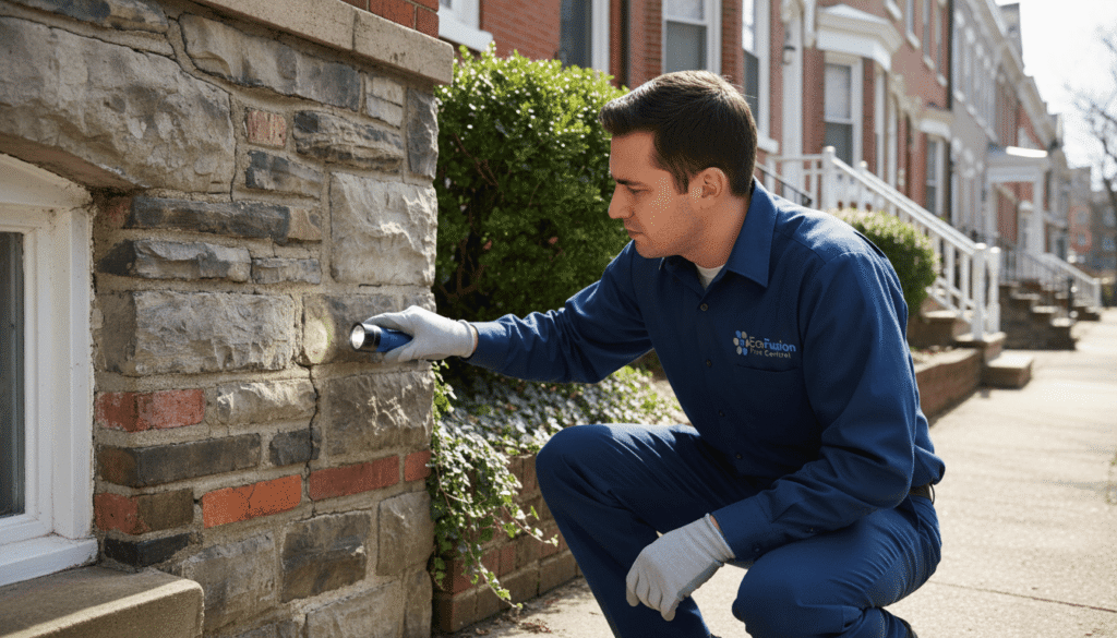 EcoFusion pest control exterminator inspects the foundation of home in Philadelphia with a flashlight.