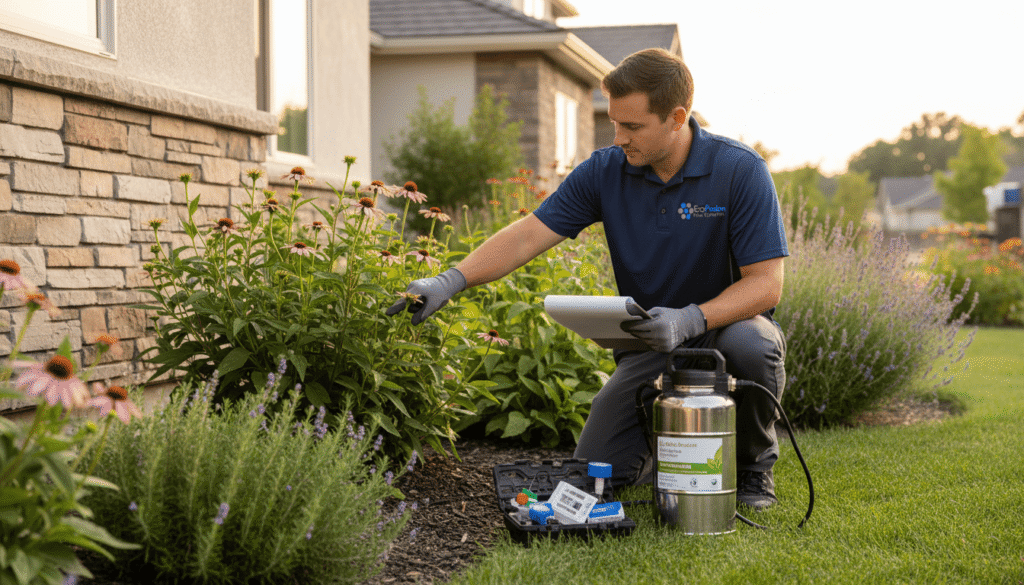 EcoFusion exterminator inspecting a garden around a home with an IPM checklist and eco-friendly treatment equipment.