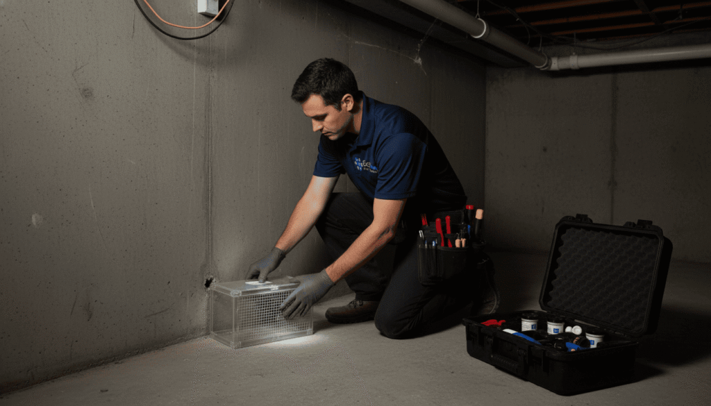 EcoFusion exterminator in dark blue uniform placing a humane rodent trap in a basement corner with professional tools nearby.